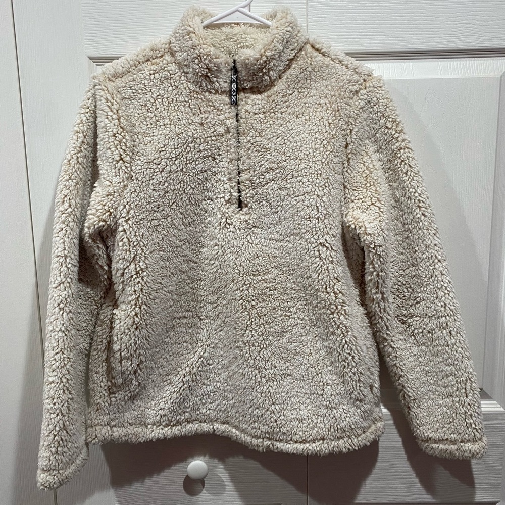 TIME AND TRU Women’s Quarter-Zip Fuzzy Sherpa Pullover Sweater - cream, size M